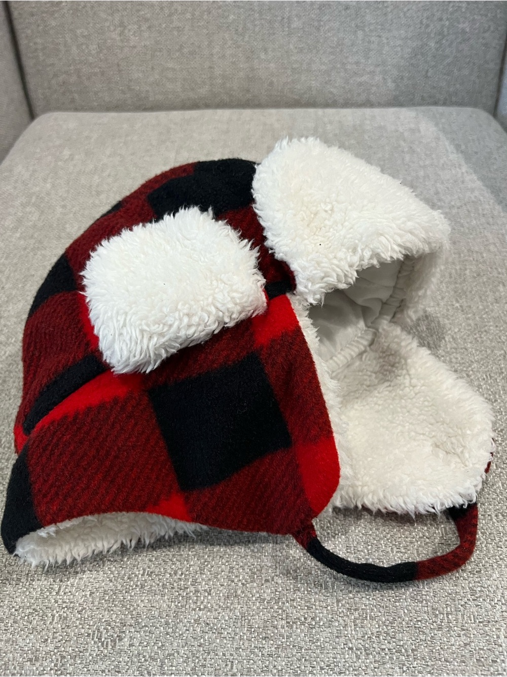 Red and Black Buffalo Check Plaid Hat with White Fluffy Lining